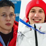 Kacper Tomasiak, sportowiec, którego wzrost budzi podziw, w czerwonej kurtce i czapce z olimpijskim logo.