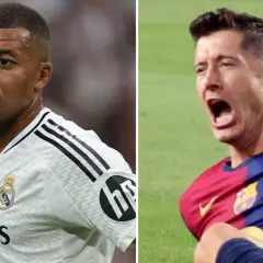 Mbappé w białej koszulce Realu Madryt i Lewandowski w barwach Barcelony, rywalizujący o tytuł króla strzelców La Liga.