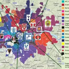 Mapa pokazująca zasięg kibicowania Kluby Piłkarskie w Londynie. Kolory oznaczają przynależność do poszczególnych klubów.