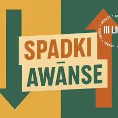 Grafika przedstawia strzałki w górę i w dół, symbolizujące awanse i spadki. Centralnie umieszczony napis "SPADKI AWANSE" oraz "III LIGA" informuje o tym, ile drużyn spada z 1 ligi.