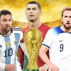 Lionel Messi, Cristiano Ronaldo i Harry Kane z Pucharem Świata.