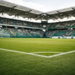 Piłkarskie **baraze** na pustym stadionie, zielona murawa i trybuny czekające na kibiców.