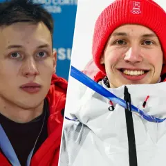 Kacper Tomasiak, sportowiec, którego wzrost budzi podziw, w czerwonej kurtce i czapce z olimpijskim logo.
