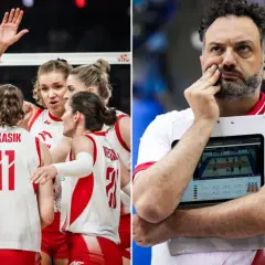 Polskie siatkarki w białych strojach z czerwonymi detalami świętują zwycięstwo. Obok trener analizuje grę na tablecie.