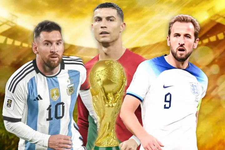 Lionel Messi, Cristiano Ronaldo i Harry Kane z Pucharem Świata.