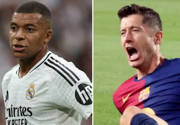 Mbappé w białej koszulce Realu Madryt i Lewandowski w barwach Barcelony, rywalizujący o tytuł króla strzelców La Liga.