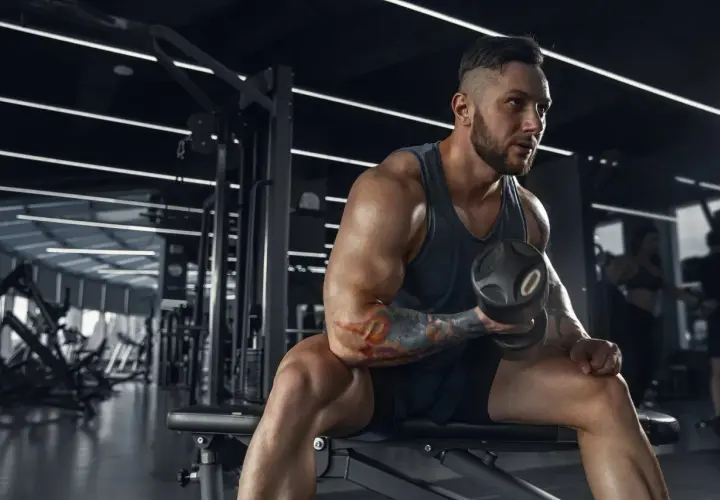 Muskularny mężczyzna z tatuażami ćwiczy biceps z hantlem w siłowni. Jego determinacja jest widoczna, jakby każdy ruch przybliżał go do celu, być może wspomaganego przez clenbuterol.