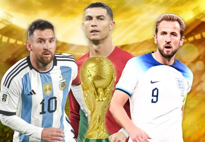 Lionel Messi, Cristiano Ronaldo i Harry Kane z Pucharem Świata.