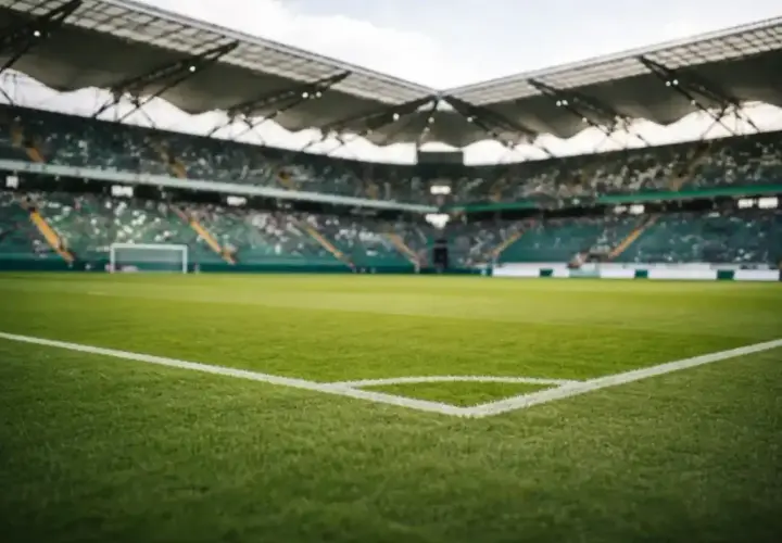 Piłkarskie **baraze** na pustym stadionie, zielona murawa i trybuny czekające na kibiców.