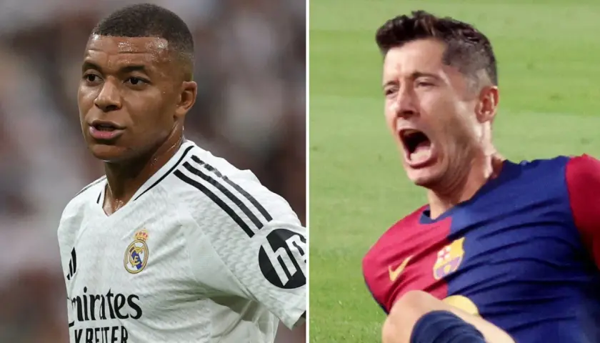 Mbappé w białej koszulce Realu Madryt i Lewandowski w barwach Barcelony, rywalizujący o tytuł króla strzelców La Liga.