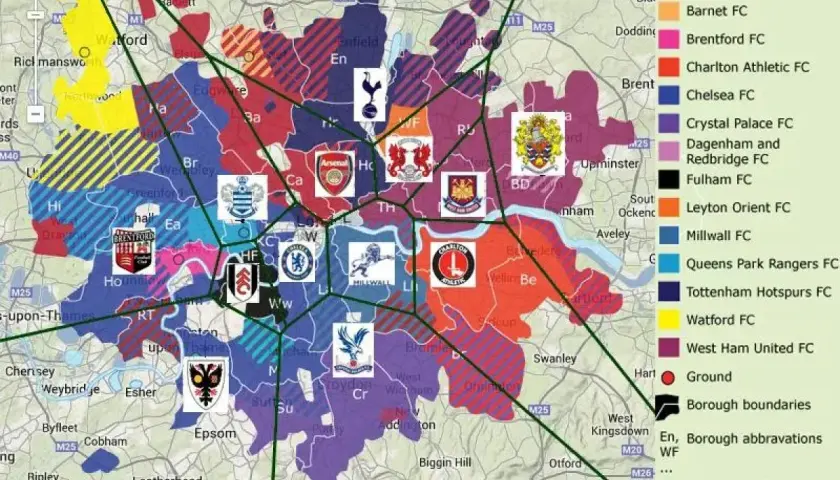 Mapa pokazująca zasięg kibicowania Kluby Piłkarskie w Londynie. Kolory oznaczają przynależność do poszczególnych klubów.