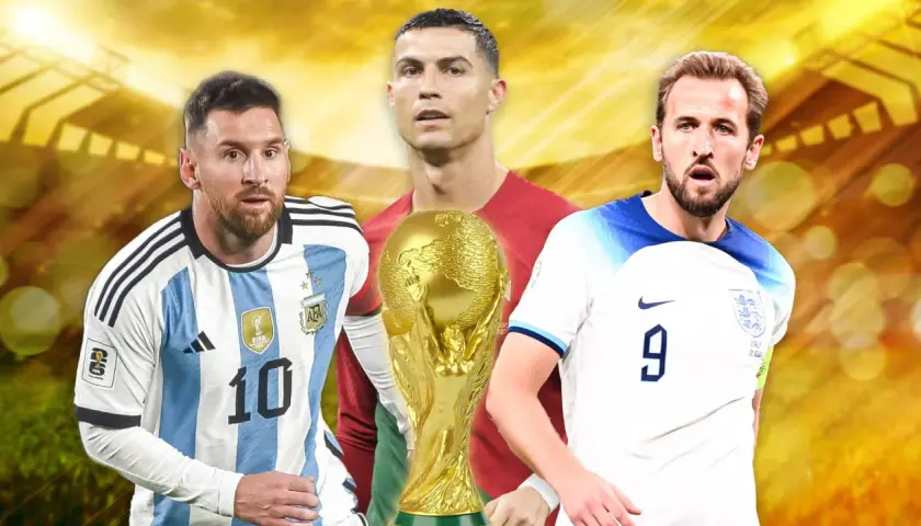 Lionel Messi, Cristiano Ronaldo i Harry Kane z Pucharem Świata.