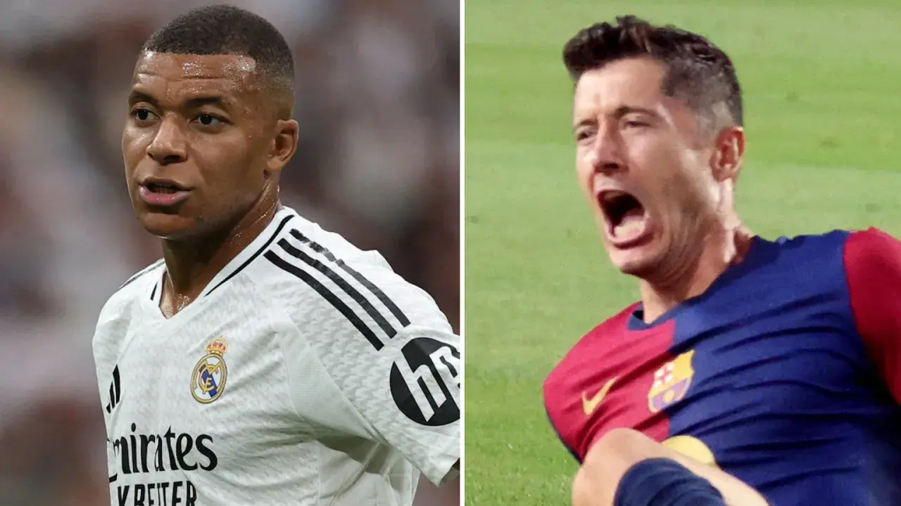 Mbappé w białej koszulce Realu Madryt i Lewandowski w barwach Barcelony, rywalizujący o tytuł króla strzelców La Liga.