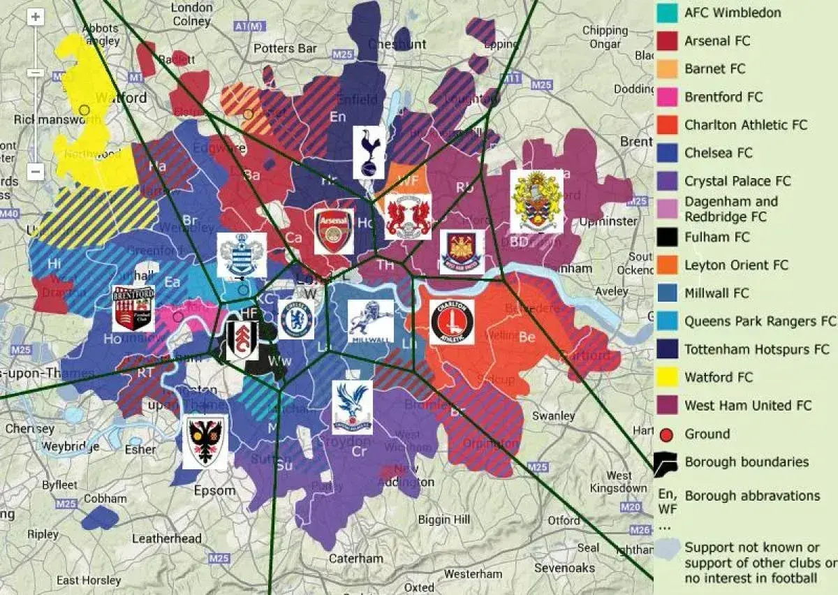 Mapa pokazująca zasięg kibicowania Kluby Piłkarskie w Londynie. Kolory oznaczają przynależność do poszczególnych klubów.