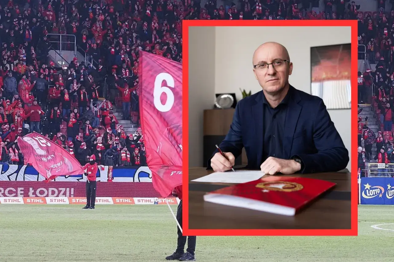 Nowy trener Widzewa podpisuje kontrakt. W tle kibice na stadionie z flagami.