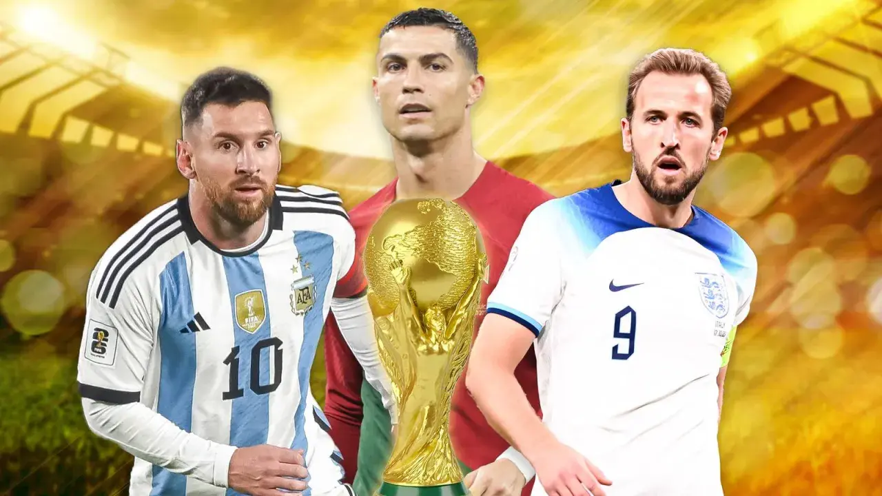 Lionel Messi, Cristiano Ronaldo i Harry Kane z Pucharem Świata.